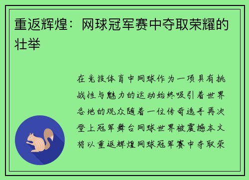 重返辉煌：网球冠军赛中夺取荣耀的壮举