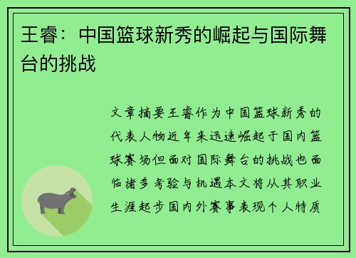 王睿：中国篮球新秀的崛起与国际舞台的挑战